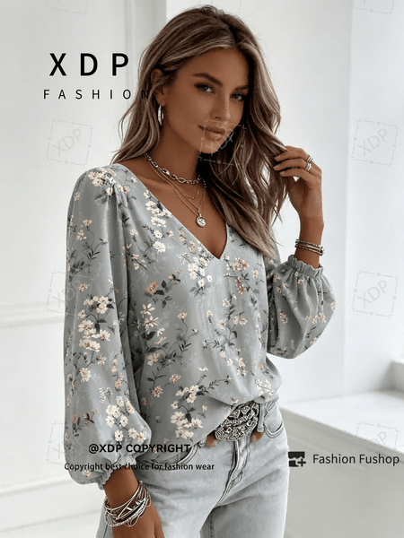 2D Flat Print Retro Western Style Shirt| V-neck Women's Long-sleeved Top with Colorful Small Floral Print, Bohemian Style Lantern Sleeve Design, Machine Washable, Suitable for Casual Attire and Vacations, 2D Flat
