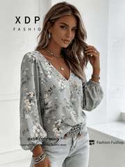 2D Flat Print Retro Western Style Shirt| V-neck Women's Long-sleeved Top with Colorful Small Floral Print, Bohemian Style Lantern Sleeve Design, Machine Washable, Suitable for Casual Attire and Vacations, 2D Flat
