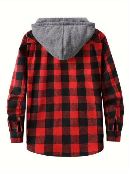 3pcs Men's New York Fashion Trendy Plaid Shirt Hooded Plaid Sweatshirt Flannel Hoodie