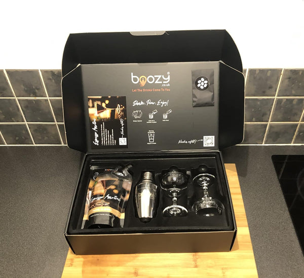 Boozy Espresso Martini Cocktail Shaker Set in Gift Box, with Glasses & Shaker, 500Ml, 5 Servings, 18% ABV, Premixed Cocktail, Shaker, X2 Ravenhead Glasses