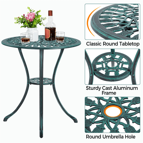 Costoffs 3pcs Patio Bistro Table Set with Umbrella Hole Outdoor Furniture Antique Aluminium Chair Rose Vine Dining Set for Garden Backyard Porch Balcony Lawn Pool