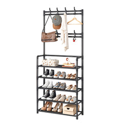 5 Tier Shelves Metal Coat Rack Stand with Shoe Storage Hallway Furniture With 8 Hooks Hanger, Freestanding Shoe and Coat Hat Stand with Non Woven Fabric Storage Shelf, Multi-Functional Metal Hall Tree for Coats, Hats & Shoes Living Room Bedroom