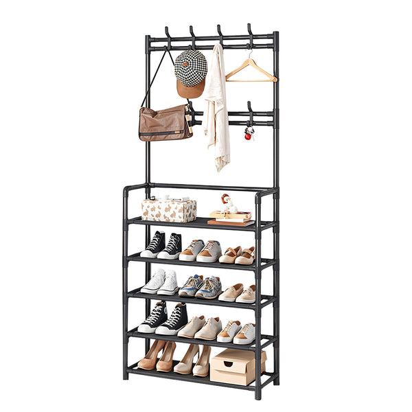 5 Tier Shelves Metal Coat Rack Stand with Shoe Storage Hallway Furniture With 8 Hooks Hanger, Freestanding Shoe and Coat Hat Stand with Non Woven Fabric Storage Shelf, Multi-Functional Metal Hall Tree for Coats, Hats & Shoes Living Room Bedroom