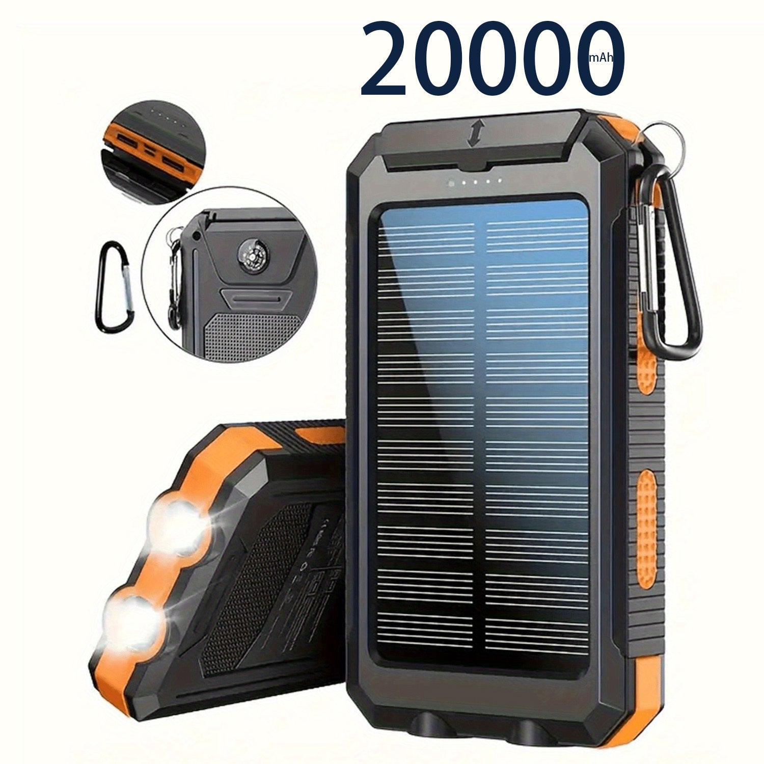 20000mAh Portable Solar Power Bank, Portable Solar Mobile Phone Charger, Camping External Battery Charger for Mobile Phones, 2 USB/ LED Flashlights with Compass for Outdoor Activities