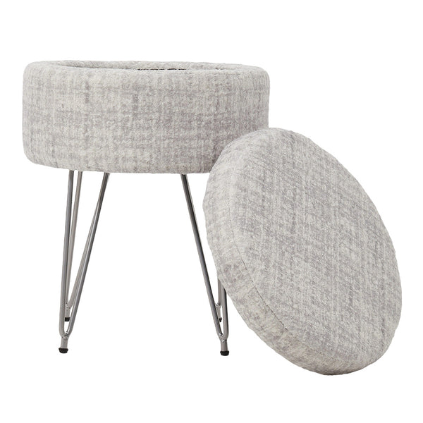 1pc Round Footrest Stool Ottoman with Storage, Makeup Vanity Chair Stool Side Table, Dressing Table Stool with Metal Legs, Couch Stool Portable Space-saving Lounge Chair for Living Room Bedroom Office Kitchen, 38x38x48cm (White)