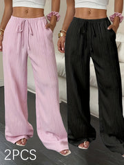 2pcs Women's Spring/Summer Casual Solid Color Waist-Tie Pocket Wide-Leg Pants Set, Suitable for Casual Daily Wear and Vacation