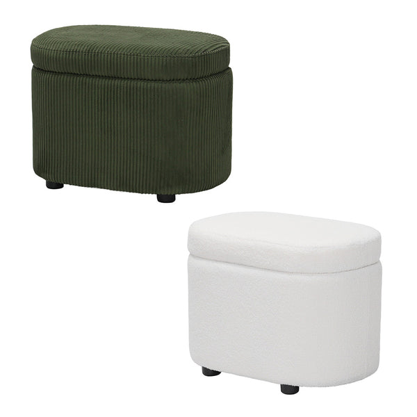 1pc Plush Teddy Round Upholstered Storage Ottoman Stool - 60x40x45cm Lidded Footrest with Hidden Storage Space | Multi-Functional Shoe Changing Bench for Living Room, Bedroom & Entryway | 3cm Black Plastic Legs (Green/White)