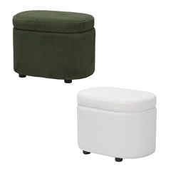 1pc Plush Teddy Round Upholstered Storage Ottoman Stool - 60x40x45cm Lidded Footrest with Hidden Storage Space | Multi-Functional Shoe Changing Bench for Living Room, Bedroom & Entryway | 3cm Black Plastic Legs (Green/White)