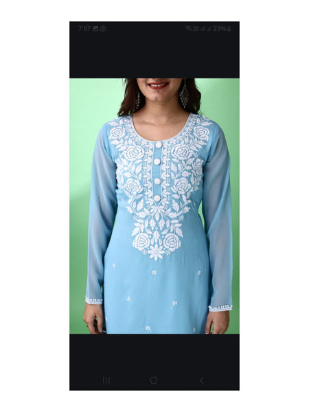 Estationeryhouse Women's Georgette Lucknowi chikankari kurti, Rose Design with Heavy Embroidery, Without Bottom