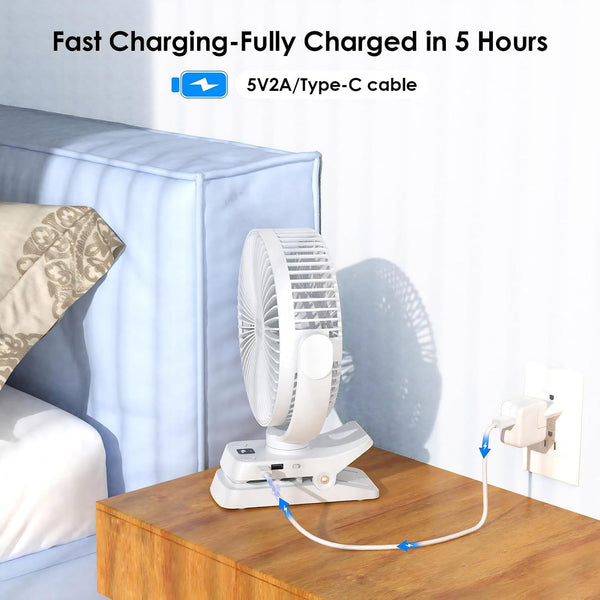 Minthouz 12000Mah Clip on Fan, 5 Speeds USB Desk Fan with Rechargeable Battery, 8 Inch, Max 29 Hrs, Remote Control & LED Display, Light, Timer, Personal Fan for Home Office Stroller Camping White