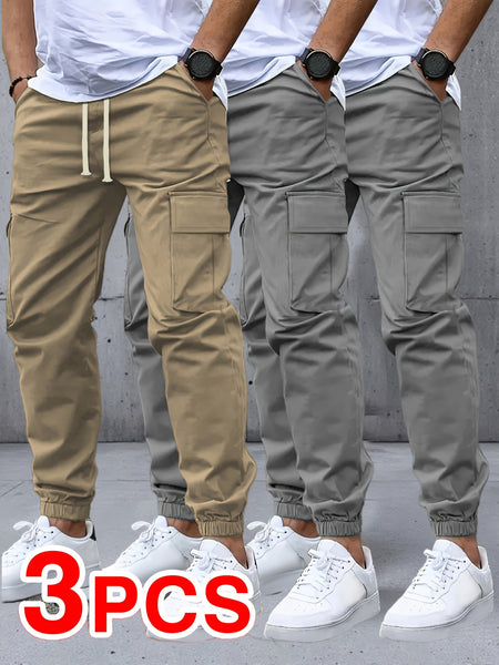 Men's Three-pc Cargo Pants, Solid Color Multi-Pocket Casual Outdoor Sports Trousers, Suitable for Spring, Summer, and Autumn