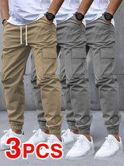 Men's Three-pc Cargo Pants, Solid Color Multi-Pocket Casual Outdoor Sports Trousers, Suitable for Spring, Summer, and Autumn