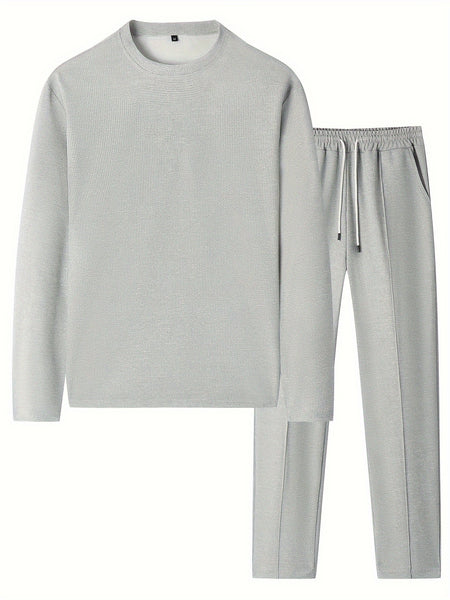Men'S 2pcs Solid Color Waffle Casual Set, Long-Sleeved Round Neck Pullover Sweatshirt And Solid Color Drawstring Pants, Chic And Comfortable Casual Set, Suitable for Men'S Daily Casual Wear, Vacation Wear, Spring And Autumn Men'S Clothing