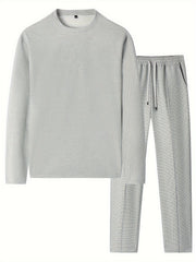 Men'S 2pcs Solid Color Waffle Casual Set, Long-Sleeved Round Neck Pullover Sweatshirt And Solid Color Drawstring Pants, Chic And Comfortable Casual Set, Suitable for Men'S Daily Casual Wear, Vacation Wear, Spring And Autumn Men'S Clothing