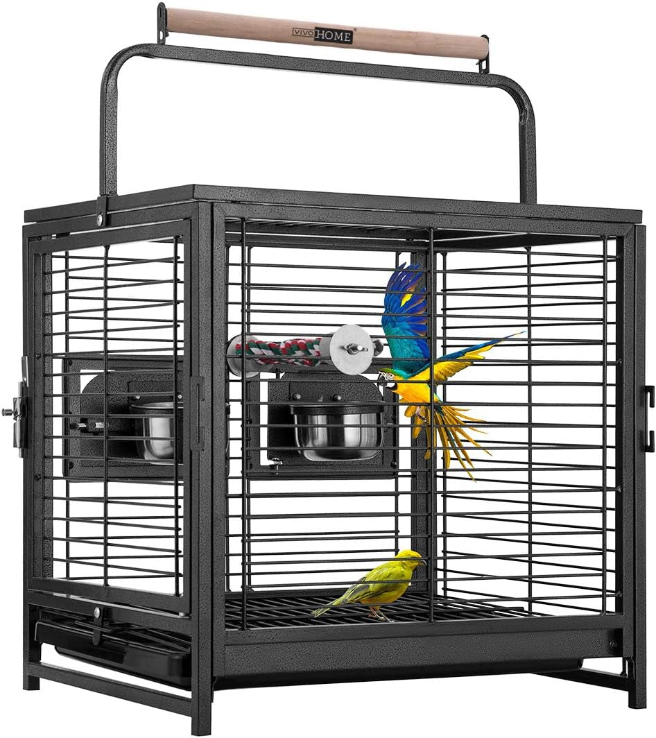 VIVOHOME 48 Cm Wrought Iron Bird Travel Carrier Cage with Handle Bird Transport Cage with Wooden Perch Portable Parrot Cage with Pullable Tray for Parrots Conures Lovebird Cockatiel Parakeets