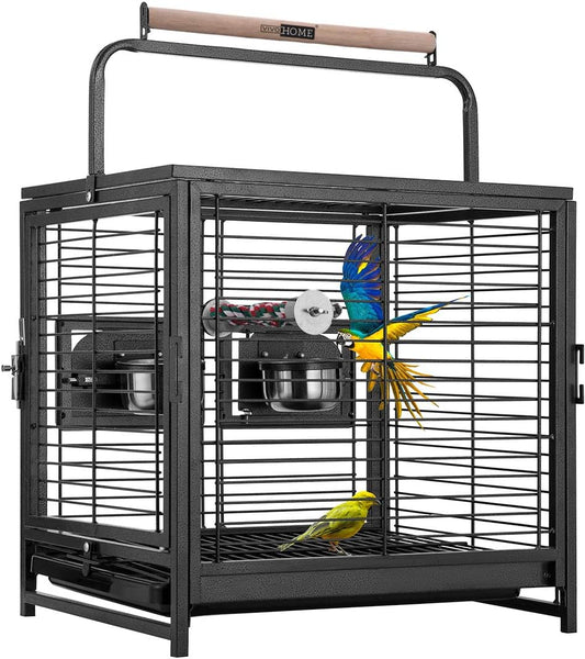 VIVOHOME 48 Cm Wrought Iron Bird Travel Carrier Cage with Handle Bird Transport Cage with Wooden Perch Portable Parrot Cage with Pullable Tray for Parrots Conures Lovebird Cockatiel Parakeets