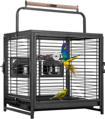 VIVOHOME 48 Cm Wrought Iron Bird Travel Carrier Cage with Handle Bird Transport Cage with Wooden Perch Portable Parrot Cage with Pullable Tray for Parrots Conures Lovebird Cockatiel Parakeets