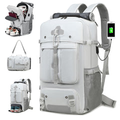 ENOSHI Airline Approved Travel Backpack with Shoe Compartment & 43.94cm Laptop Sleeve - USB Charging Port, Adjustable Straps, Mesh Pockets - Durable Polyester Gym, Business & Weekend Backpack for Men & Women (Light Gray), Workout Gear, Functional Compartm
