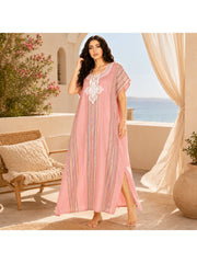 Women Boho Kaftan Dress Long Embroidered Beach Cover Up Lightweight Summer Kaftan Maxi Dress Loose Fit Swimwear Cover Up Holiday Beachwear Gandouri