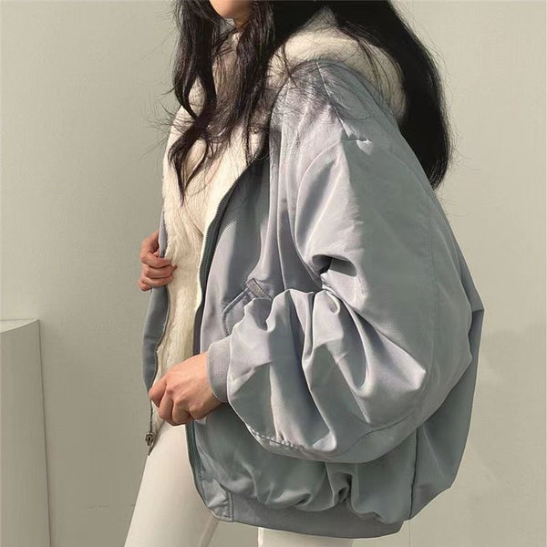 Women's Winter Double-Sided Plush Padded Jacket with Hood & Pockets - Thickened Lamb Outer Coat, Zipper Closure, Solid Color Casual Sweater for Cold Weather (No elastic fabric)