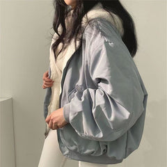 Women's Winter Double-Sided Plush Padded Jacket with Hood & Pockets - Thickened Lamb Outer Coat, Zipper Closure, Solid Color Casual Sweater for Cold Weather (No elastic fabric)