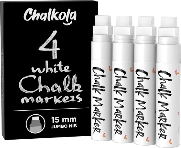 Jumbo White Chalk Pens - 15Mm Window Markers | Pack of 4 White Pens - Use on Cars, Chalkboard, Whiteboard, Blackboard, Glass, Bistro | Loved by Teachers, Artists, Businesses