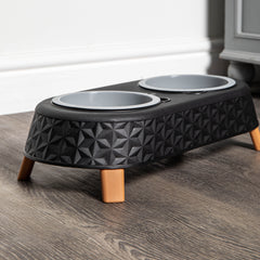16cm x 9cm Black Plastic Raised Double Pet Bowl Feeding Station with Stand
