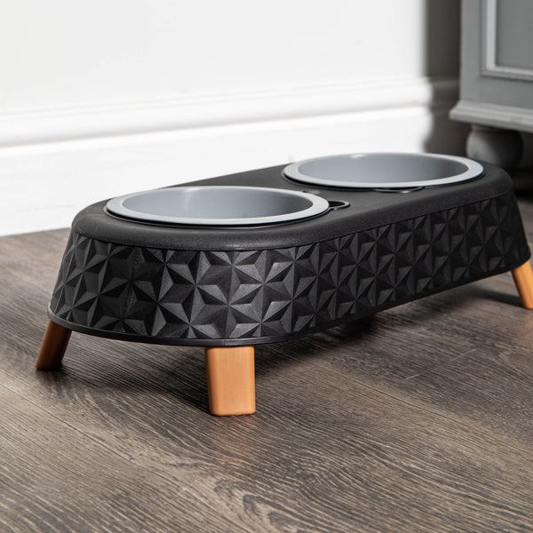 16cm x 9cm Black Plastic Raised Double Pet Bowl Feeding Station with Stand