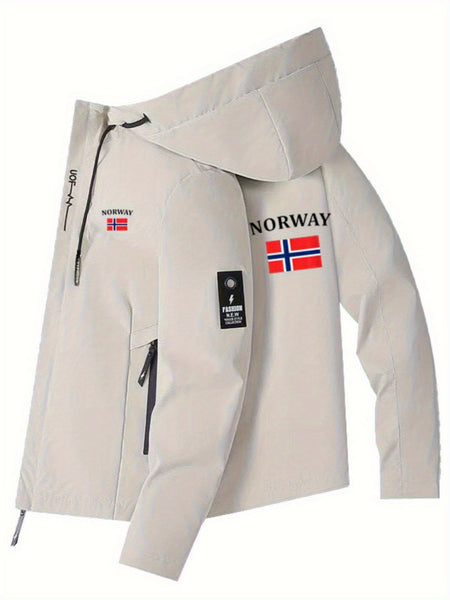 Men'S & Women'S Windproof Jacket with Norway Flag Print - All-Season Outdoor Windbreaker, Full-Zip Hooded Coat with Zippered Pockets, Machine Washable Polyester for Hiking, Camping, Travel - Beige/White Color Scheme, Hiking Gear, Casual Outerwear