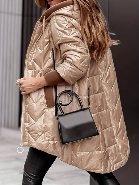 Women's Warm Winter Coat, Hooded Jacket, Mid-Length with Pockets and Asymmetrical Hem Padded Coat