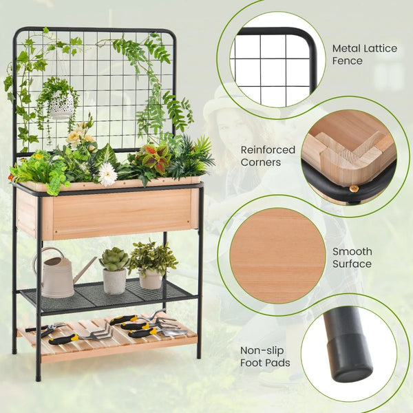 Raised Garden Bed with Trellis and 2-Tier Storage Shelves