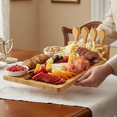1 set (1 cheese board + 4 cheese utensils) set, cheese tray wooden cutting board cheese cutting board bamboo wooden tray kitchen supplies kitchenware Christmas kitchen accessories.