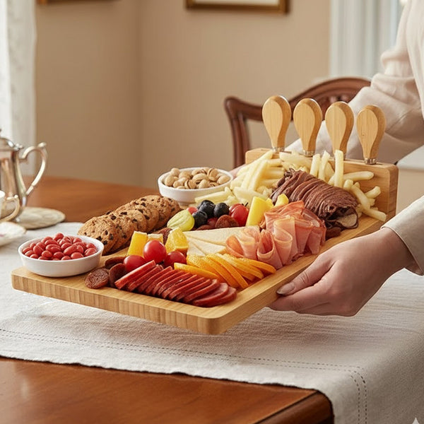 1 set (1 cheese board + 4 cheese utensils) set, cheese tray wooden cutting board cheese cutting board bamboo wooden tray kitchen supplies kitchenware Christmas kitchen accessories.