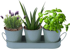 Trendi – Set of 3 Metal Plant Pots with Drip Tray | Embossed Indoor & Outdoor Plant Pots for Garden, Windowsill, Kitchen & Desk | Decorative Metal Flower Pots for Herbs & Plants | Light Grey