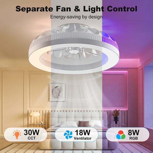 Brushless Remote Control Ceiling Fan with Light, 3000K-6500K Stepless Dimmable RGB Ambient Fan Light, 6-Speed Quiet Fan with Timer & Memory, Dimmable LED Modern Fan Lamp for Bedroom Living Room Dining Room