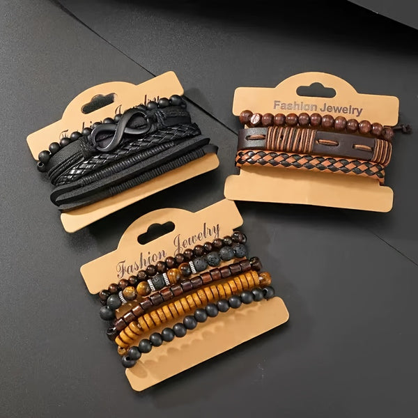 12pcs Men'S Bohemian Vintage Bracelet Set| Faux Leather Woven with Tiger Eye& Moonstone Beads| Multi-Layer Stackable Design| Casual& Party Jewelry| Trendy Boho Chic Accessories, Casual Attire, Gift for Men, Bohemian Style, Handcrafted Bracelets