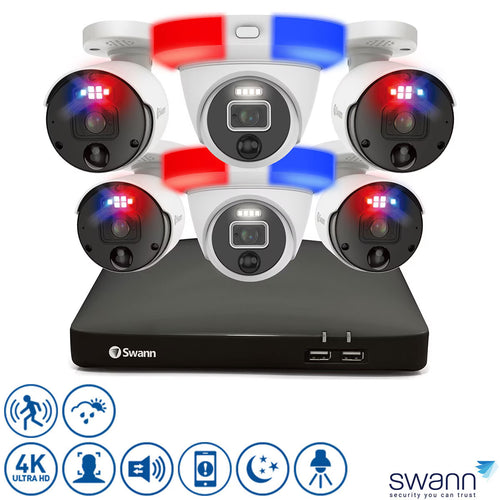 Swann 8 Channel 2TB NVR Recorder with 4 X Heat and Motion Detection IP Security NHD-900BE Bullet 4K Pro Series Enforcer plus 2 X NHD-900DE Dome 4K Pro Series Enforcer. SWNVK-889904B2D