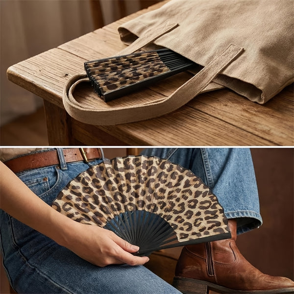 Large 23cm Retro Leopard Print Hand Fan - Portable Folding Fan Suitable for Women & Men, Fabric Cooling Fan for Summer, Parties, Rave, Dance Performances, Outdoor Events - Elegant Gift for