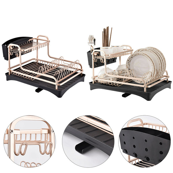 Rose Gold Color, Vertical Bowl And Plate Drain Rack with Rotating Water Outlet Drip Tray, Large Capacity, Aluminum Alloy Bowl And Plate Rack with Cutlery Rack, Kitchen Countertop Storage Rack, Saving Countertop Space