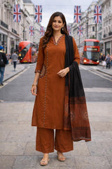 TeamWear* Womens Cotton Embroidered Neck and Dual Pockets Kurta Set with Palazzo and Contrast Dupatta