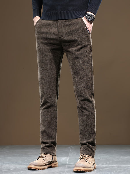 Autumn/Winter Men's Warm Casual Pants, Business Casual Slim-Fit Chenille Trousers, Solid Color
