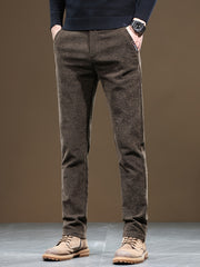 Autumn/Winter Men's Warm Casual Pants, Business Casual Slim-Fit Chenille Trousers, Solid Color