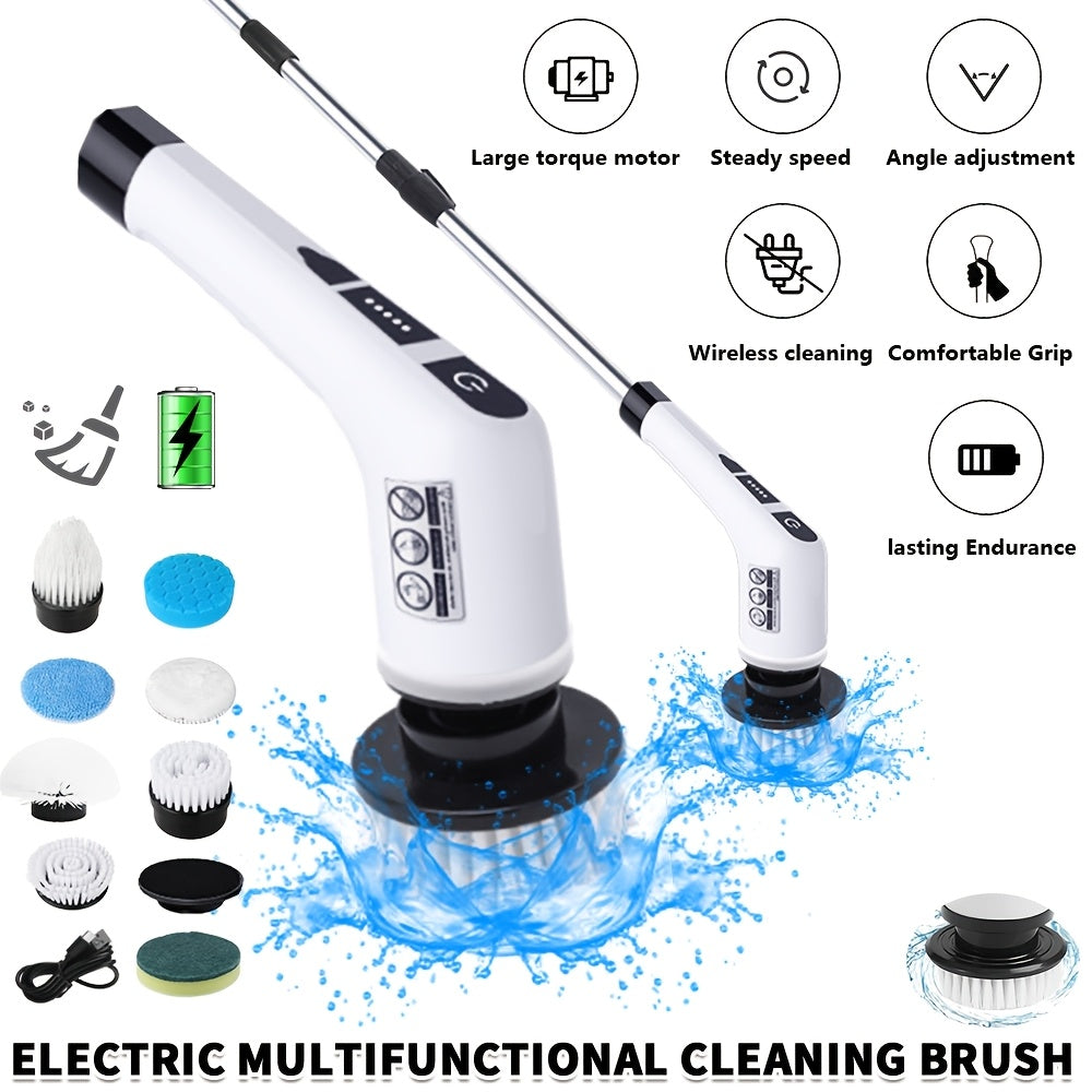 Electric Spin Scrubber, a Powerful Cleaning Brush Featuring an Adjustable Extension Handle, Offers Two-Speed Settings And Comes with Nine Interchangeable Brush Heads for Cleaning Bathrooms And Kitchens