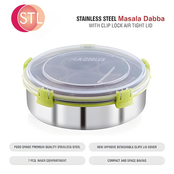 Masala Dabba (Spice Box) | Authentic Indian Style Stainless Steel Masala Dabba | with 7 Removable Compartments & 2 Spoons | See through Lid |
