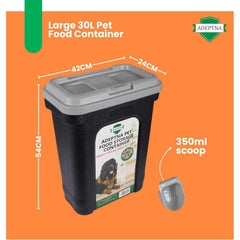 ADEPTNA Large 30L Pet Food Storage Container with Flip Top Locking System and Integrated Scoop – Airtight Dry Food Dispenser Bin for Dogs, Cats, and Birds