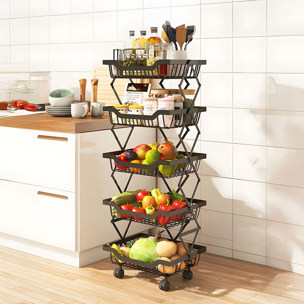 Foldable Kitchen Organizer Cart with 360° Rotating & Multi-Tier Shelves, Large Capacity Metal Vegetable Cart & Organiser - Portable, Space-Saving Storage for Pantry, Utility Room & Kitchen