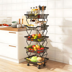Foldable Kitchen Organizer Cart with 360° Rotating & Multi-Tier Shelves, Large Capacity Metal Vegetable Cart & Organiser - Portable, Space-Saving Storage for Pantry, Utility Room & Kitchen