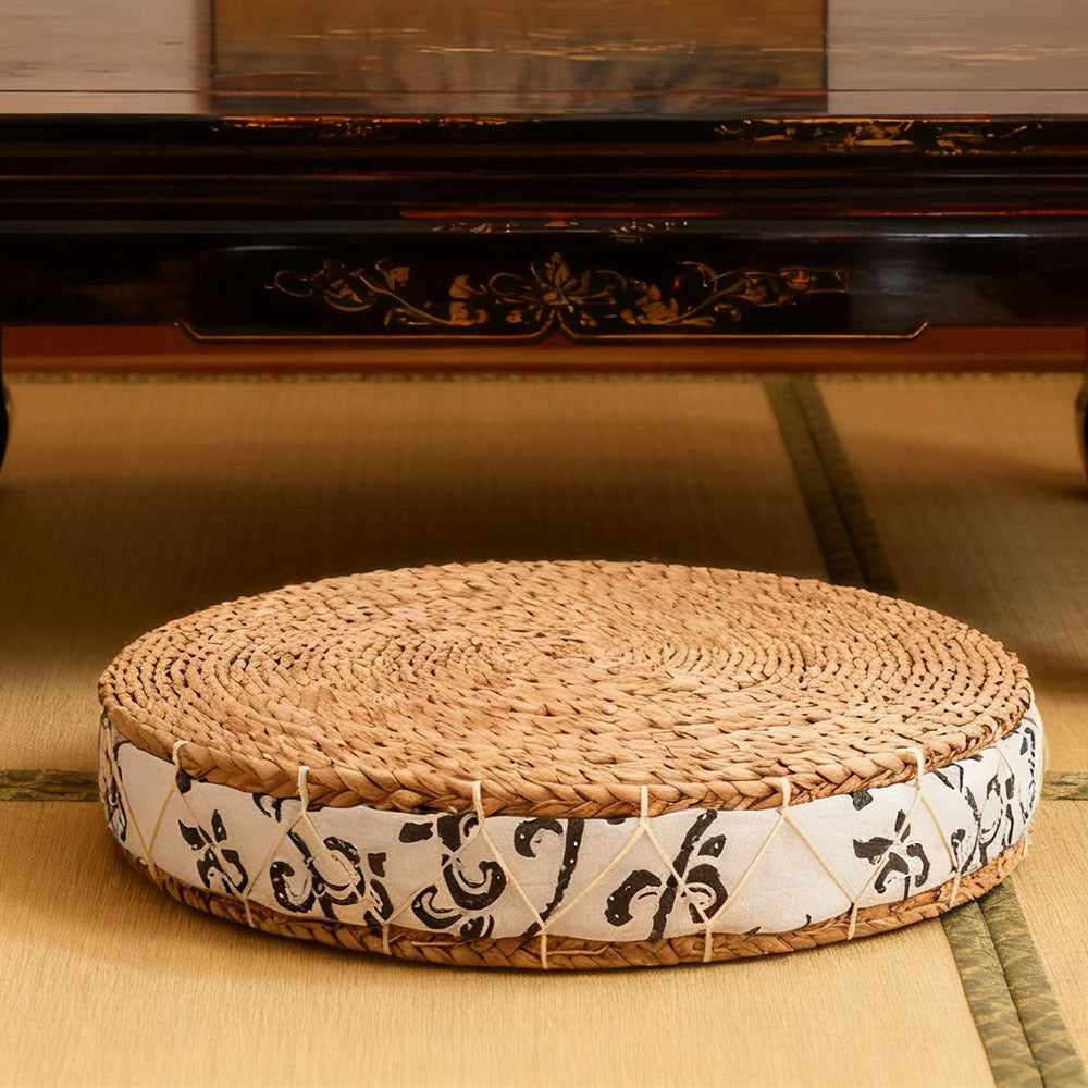 Japanese Style Rustic Handwoven Corn Husk Seat Cushion - Natural Thick Padded Tatami Floor Mat, 40cm/45cm Round Braided Meditation Pillow for Yoga, Floor Sitting