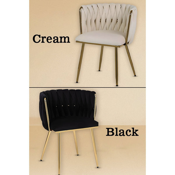 Set of 2 x Luxury Velvet/Metal Upholstered Seat Woven Dining Kitchen Home Restaurant Bar Pub Stool Chair (Cream/Gold)