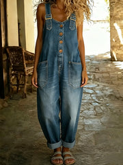 Womens Elastic Vintage Washed Denim Overalls Casual Loose Fit Wide Leg Jumpsuit Slouchy Cargo Bib Overalls with Pockets Adjustable Straps Button Jean Romper for Weekend Camping Outdoor Outfits